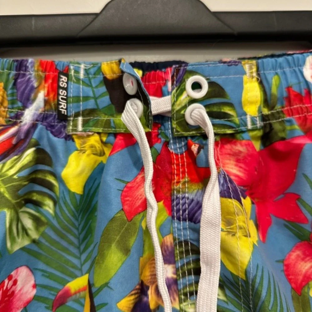 RS‎ Surf Mens Tropical Parrot Toucan Swim Trunks Blue Floral Board Shorts Large
